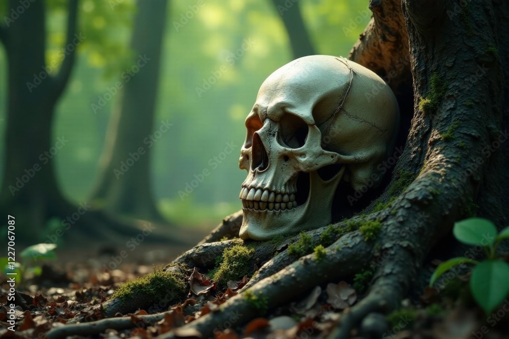 Skull is rooted in gnarled branch, ancient forest whispers ancient tales, Tales, Gnarled, Shrouded Skull is rooted in gnarled branch, ancient forest whispers ancient tales, Tales, Gnarled, Shrouded