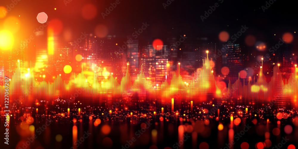 Fototapeta premium Vibrant Cityscape with Abstract Red and Orange Lights and Bokeh Effects, Night Background