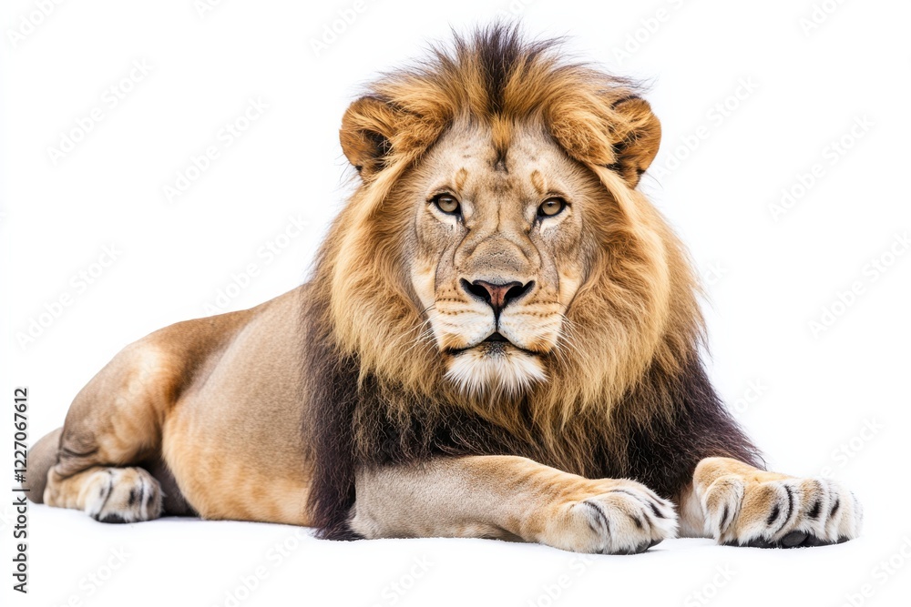 Majestic male lion resting, intense gaze. Majestic male lion resting, intense gaze.