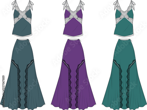 Elegant Women's Two Piece Set- Lace Trim Cami Top and Maxi Skirt Fashion Design