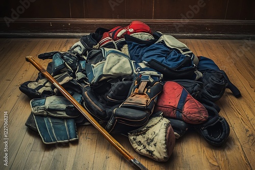 a pile of hockey gear