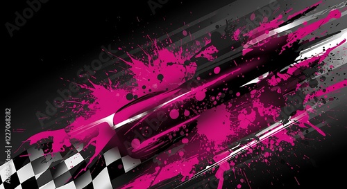 Abstract racing background with pink and black paint splatters and checkered flag.
