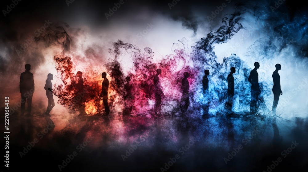 Human silhouettes in motion amidst colorful smoke urban landscape artistic photography minimalistic view conceptual journey Human silhouettes in motion amidst colorful smoke urban landscape artistic photography minimalistic view conceptual journey