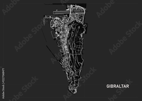 street map and country buildings of gibraltar with dark theme