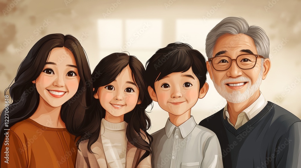 A heart-warming portrayal of a multi-generational family smiling with affection and joy, captured in a vibrant digital art style A heart-warming portrayal of a multi-generational family smiling with affection and joy, captured in a vibrant digital art style