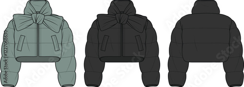 Cropped Puffer Jacket with Big Bow Design Technical Flat Sketches