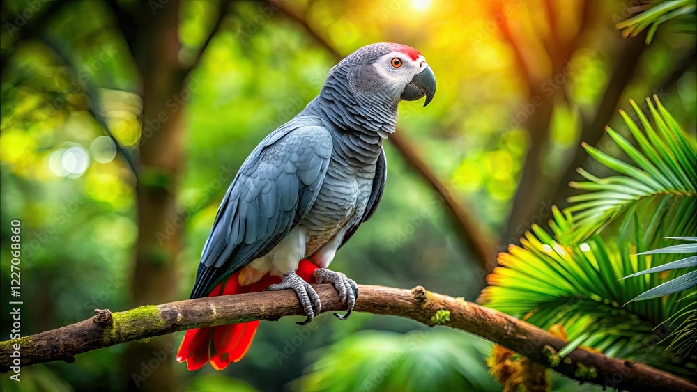 Obraz premium Vibrant gray parrot with red tail perched on a jungle tree branch.