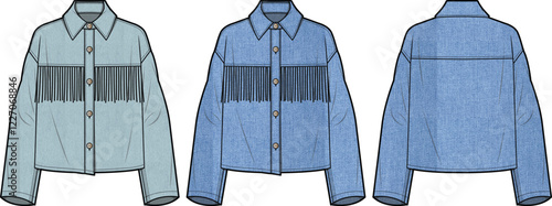 Denim Jacket Fashion Flat Sketch with Fringe Detail