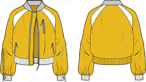 Women's Mustard Yellow Bomber Jacket Fashion Design Flat Sketch