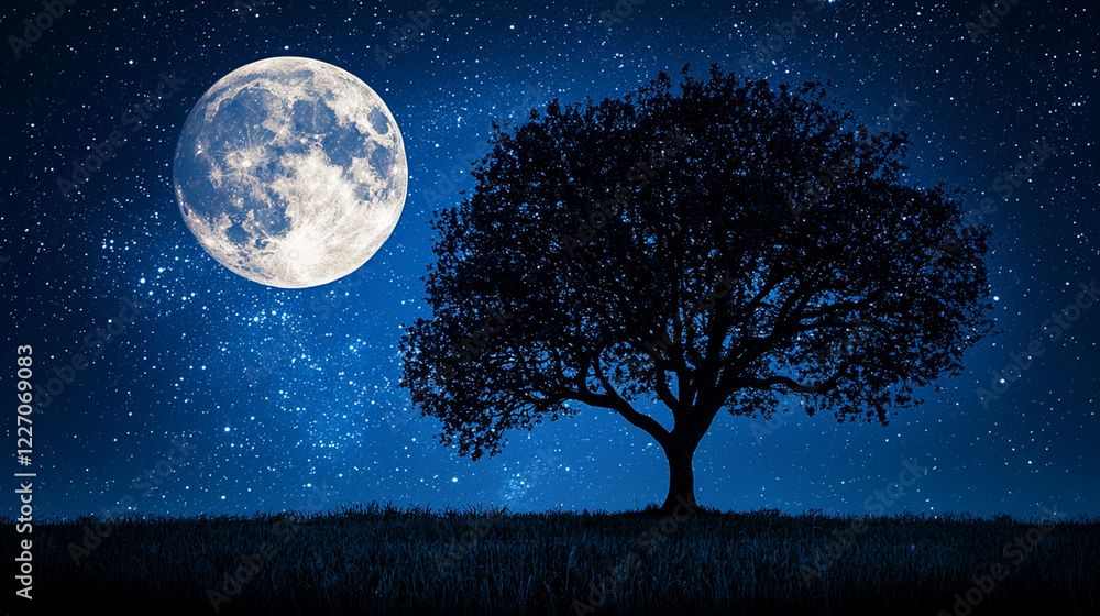 Fototapeta premium Lone tree silhouetted against a full moon and starry night sky; peaceful nature scene for websites or prints