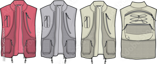 Technical Flat Sketches of Multi-Pocket Vests:  Versatile Outdoor Apparel Designs