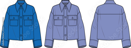 Women's Denim Shirt Jacket Fashion Flat Sketch