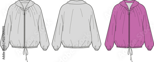Women's Hooded Zip-Up Jacket Fashion Flat Sketch Design