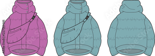 Stylish Puffer Jackets with Crossbody Bags Fashion Flat Sketches