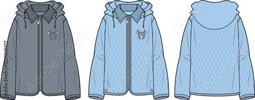 Diamond Quilted Hooded Jacket Fashion Flat Sketches