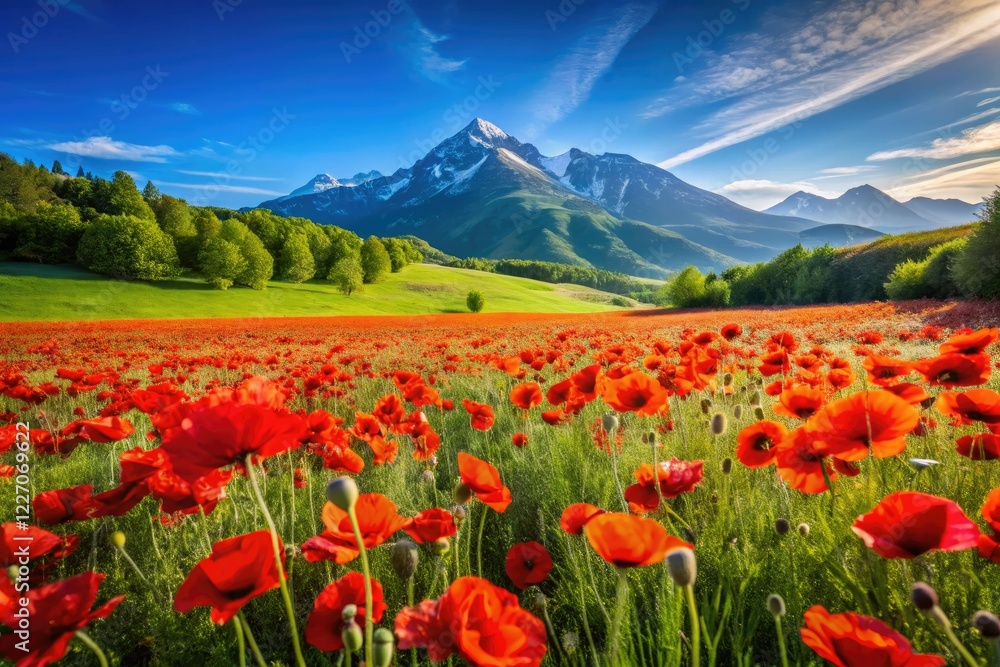 Vibrant red poppies blanket rolling hills, beneath a vast blue sky, majestic mountains rise in the distance. Vibrant red poppies blanket rolling hills, beneath a vast blue sky, majestic mountains rise in the distance.