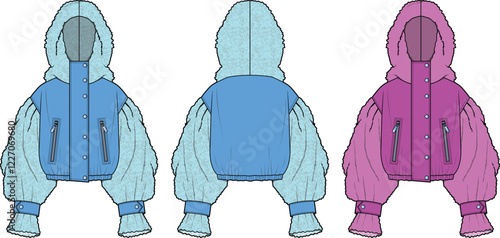 Fashion Design Hooded Jacket Puff Sleeves Flat Sketch