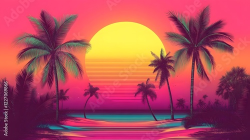 Tropical sunset scene, vibrant colors with palm trees reflected in calm water, ideal for relaxation and vacation themes.
