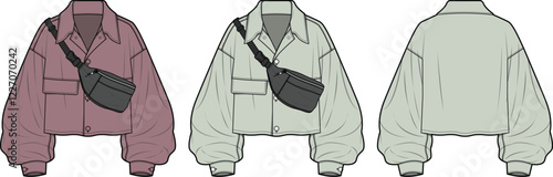 Women's Fashion Flat Sketches: Cropped Button-Down Shirt with Belt Bag