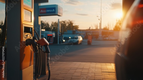 Refined Evening Scene at Gas Pump with Soft Sunlight Glow photo