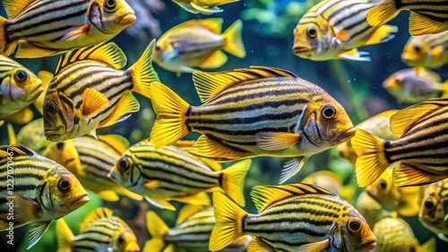 Vivid yellow and black striped tropical fish swim in a vibrant underwater scene, a captivating pet photography subject.