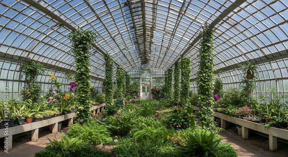 Lush Greenhouse Plants and Glass Structure Panorama Lush Greenhouse Plants and Glass Structure Panorama