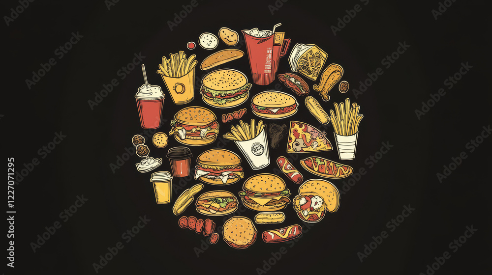 Fast Food poster in round shape with vector snacks as cheeseburger and pizza, burrito, french fries and hot dog, hamburger, chicken nuggets, ice cream and donut, soda or coffee. Takeaway menu design Fast Food poster in round shape with vector snacks as cheeseburger and pizza, burrito, french fries and hot dog, hamburger, chicken nuggets, ice cream and donut, soda or coffee. Takeaway menu design