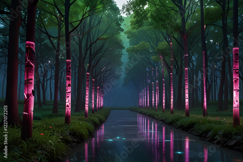 neon light in the woods of trees and lake, futuristic immersive art 