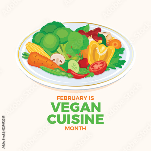 February is Vegan Cuisine Month poster vector illustration. Fresh vegetable on a plate icon vector. Template for background, banner, card. Important day