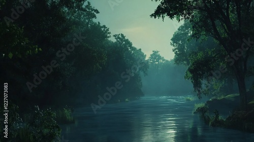 Misty river flowing through a tranquil forest landscape with trees and serene water