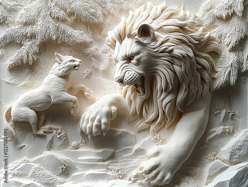 Lion and Wolf 3D Sculpture: A dramatic and detailed 3D sculpture depicting a tense encounter between a majestic lion and a cunning wolf, highlighting the power and artistry of the sculptor's craft.  photo