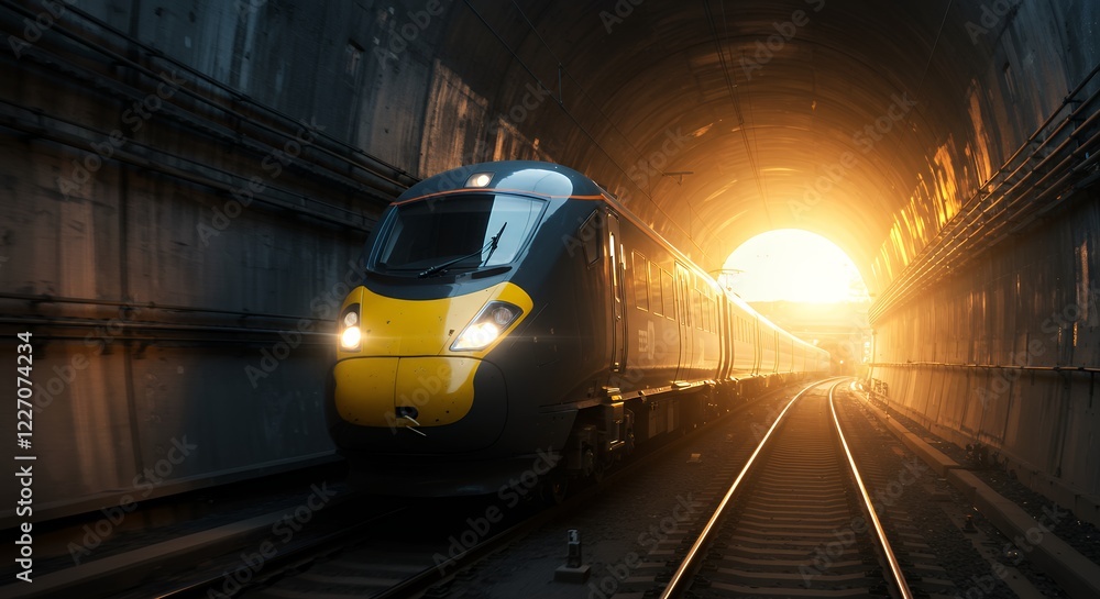 Naklejka premium High Speed Train Emerging From Tunnel Into Sunlight