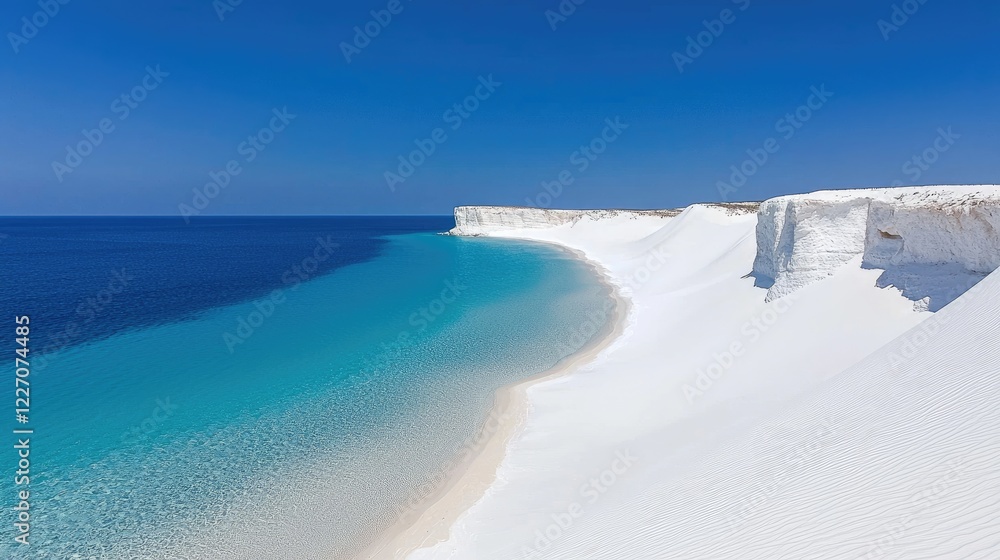 Obraz premium White sand beach, turquoise water, coastal cliffs, sunny day, travel destination