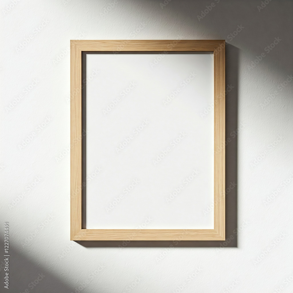 Obraz premium picture frame on a white wall. Minimal wooden picture poster frame mockup on white wallpaper.