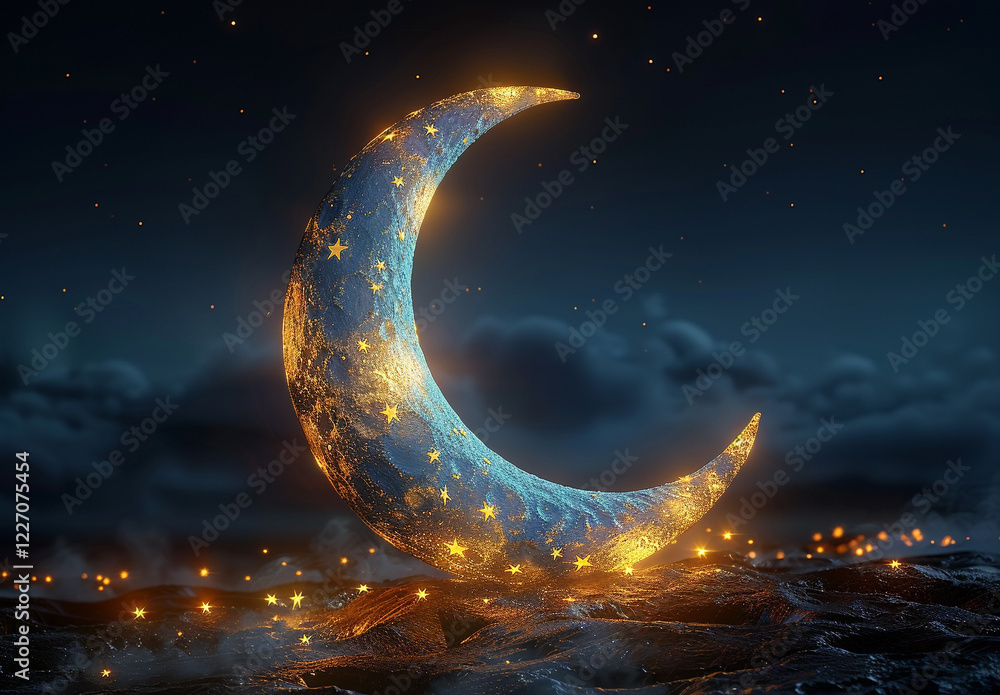 Fototapeta premium Glowing Crescent Moon with Stars Against a Night Sky
