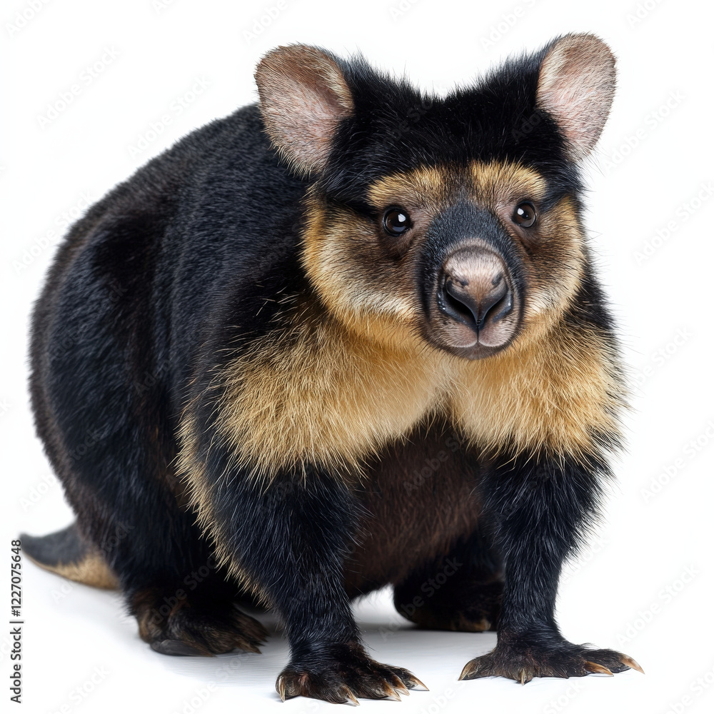 Obraz premium Black-furred, tan-muzzled marsupial sitting, isolated.