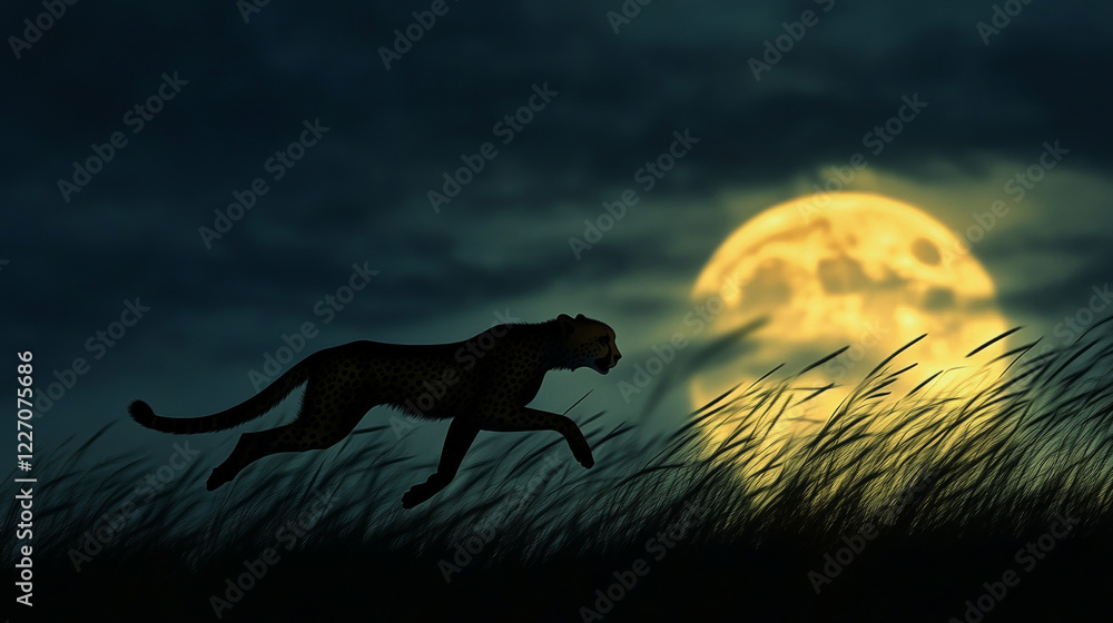 A silhouette of a cheetah sprinting across a glowing moonlit savannah, its shadow casting long streaks of light and darkness, embodying the mystique of the night hunt A silhouette of a cheetah sprinting across a glowing moonlit savannah, its shadow casting long streaks of light and darkness, embodying the mystique of the night hunt