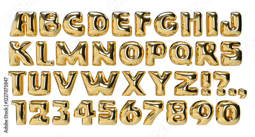 3d golden extra bold font. Gold bubble typeface. Metal letters and numbers with metal effect isolated on white. Metallic, fluid surface with reflections. Y2K style alphabet. Glossy font