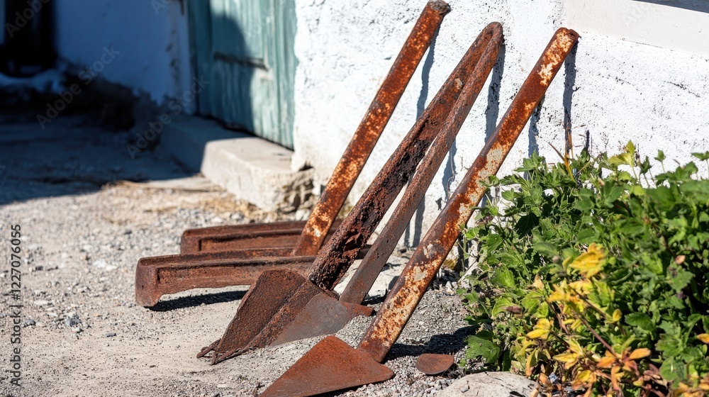 Fototapeta premium Rusty Metal Shovels Leaning Against Wall in Outdoor Setting