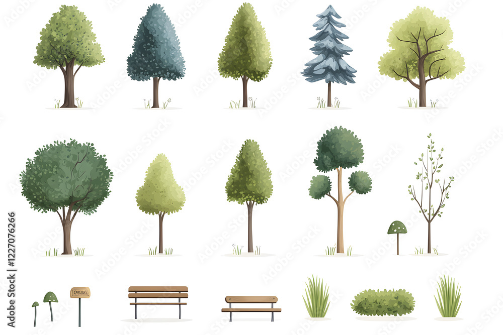 Fototapeta premium Hand drawn trees and bushes collection for game assets, isolated on white background 