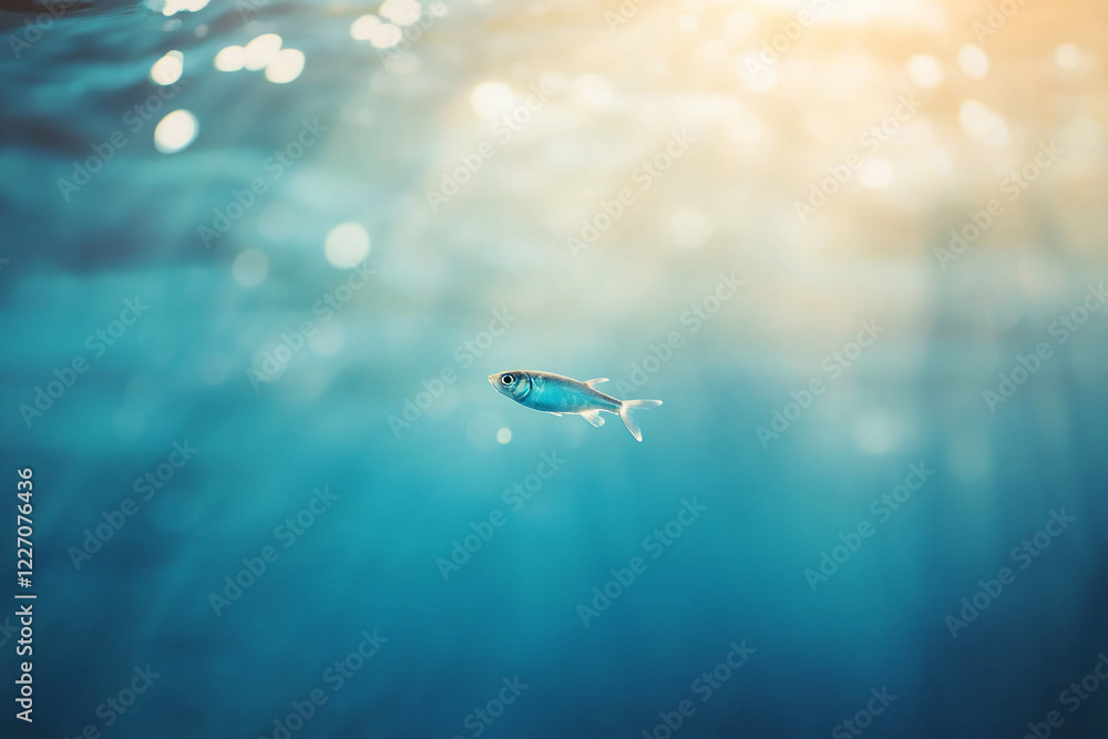 Fototapeta premium A solitary fish swimming gracefully in crystal-clear waters, illuminated by soft sunlight filtering through