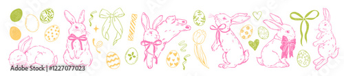 Happy Easter bunny set, vector doodle rabbit illustration, cute hand drawn jumping hare, ribbon bow. Spring holiday painting eggs, seasonal celebration decor print, funny animal. Easter rabbit clipart