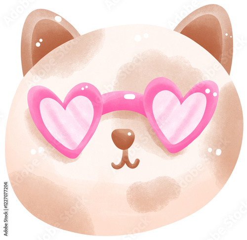 Brown cat wear pink heart glasses