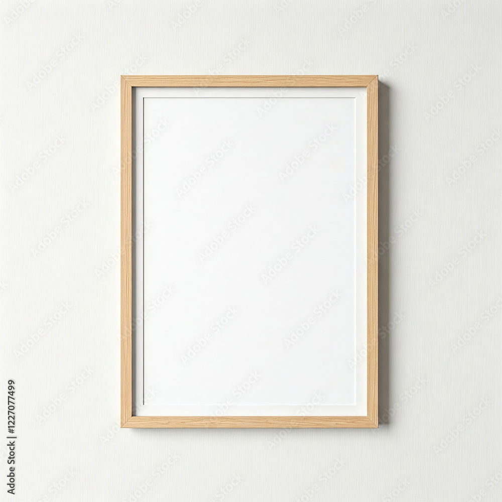 picture frame on a white wall. Minimal wooden picture poster frame mockup on white wallpaper. picture frame on a white wall. Minimal wooden picture poster frame mockup on white wallpaper.