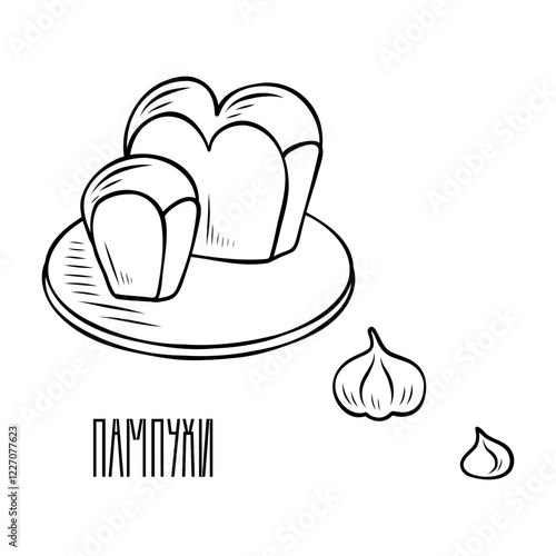 Pampushky on board with garlic. Traditional Ukrainian dish, good for cookbook or menu, packaging, stickers, advertising. Ukrainian food. 