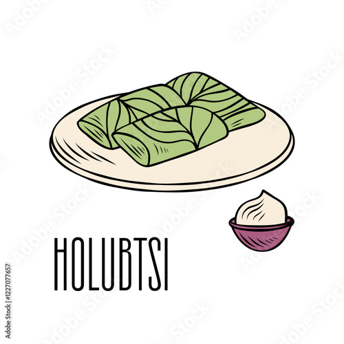 Plate of holubtsi with sour cream. Traditional Ukrainian dishes, good for cookbook or menu, packaging, stickers, advertising. Ukrainian food. 