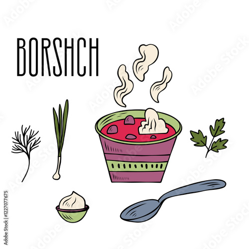 Bowl of borscht with sour cream, onion, parsley, dill and a spoon. Traditional Ukrainian dishes. Good for cookbook or menu, packaging, stickers, advertising. Ukrainian food.