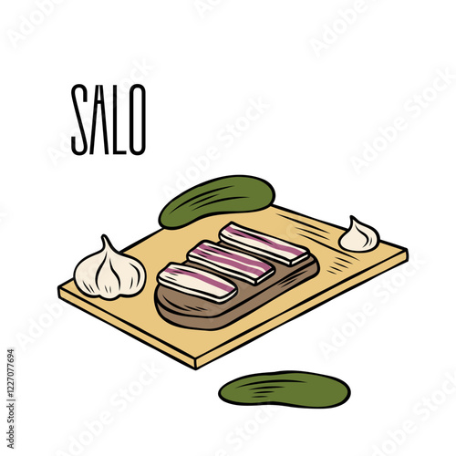 Bread with bacon or salo, garlic and cucumber on a board. Traditional Ukrainian dishes for cookbook or menu, packaging, stickers, advertising. Ukrainian food.