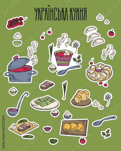 Stickers of Ukrainian dishes like borscht with sour cream, onion, parsley, dill, pampushky, tomatos, cucumber, salo, deruny, varenyky, holubtsi