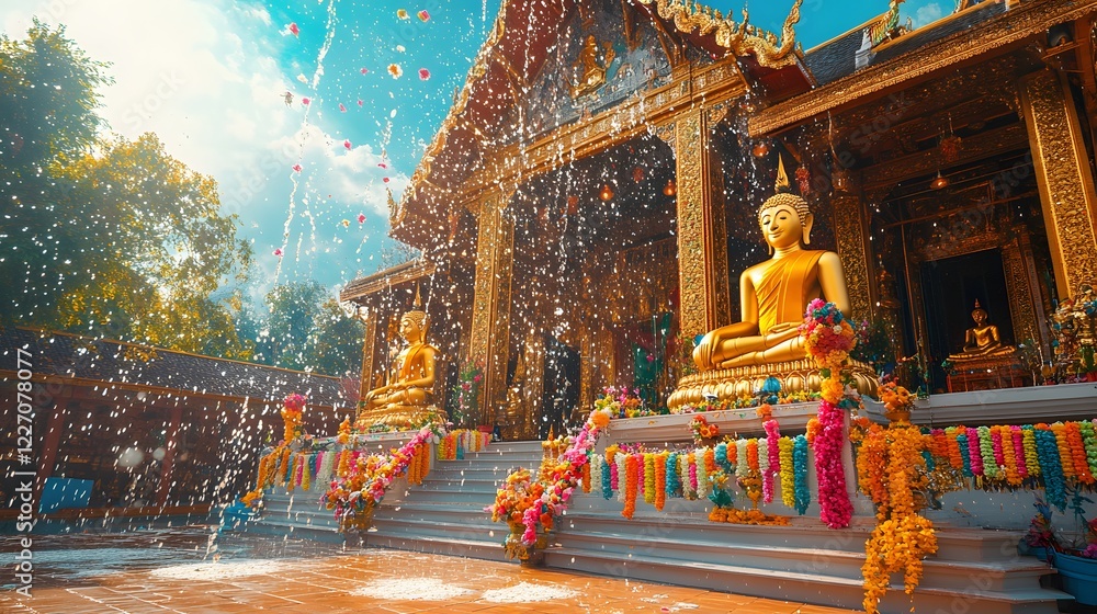 Obraz premium Serene temple landscape, vibrant structures adorned with statues, lush greenery and sunlight creating a peaceful atmosphere.